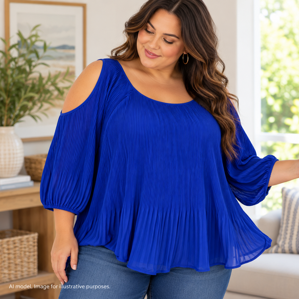 Susan Graver Shirt Womens 24W 3X Blue Pelisse Pleat Chiffon Lined Cold Shoulder